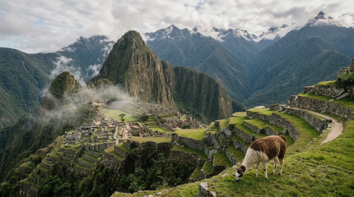 Machu Picchu terraces under drifting cloud with thin morning mist above the citadel