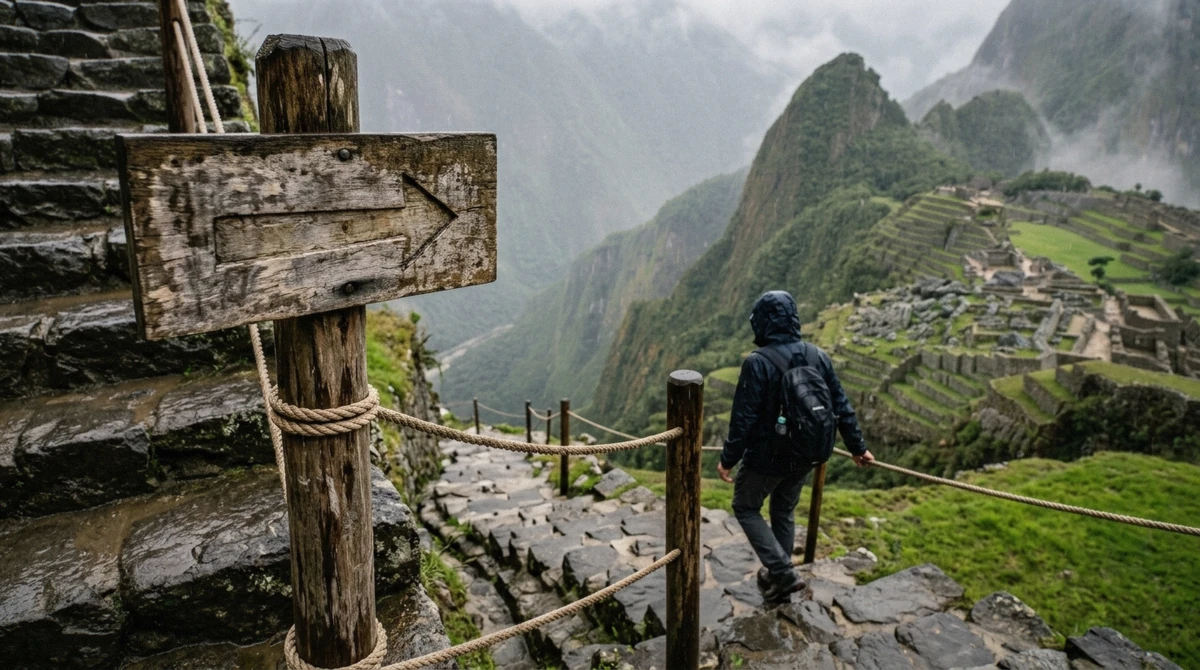 Signposted one-way route marker on a stone stairway inside the Machu Picchu sanctuary