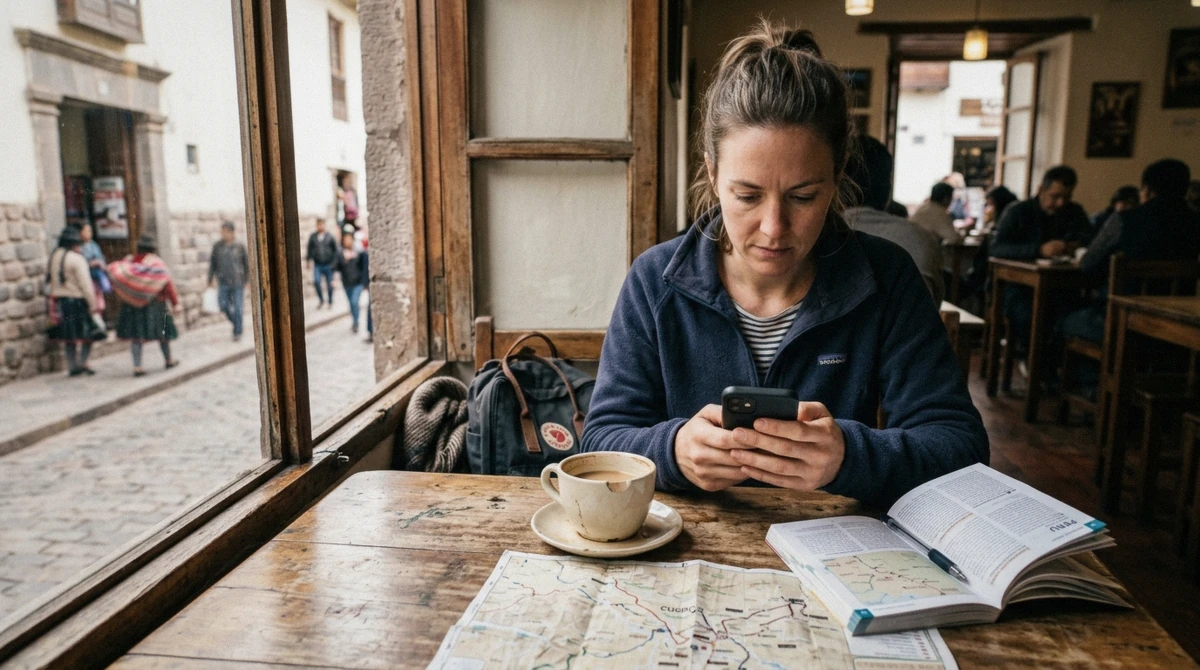 Traveller checking tour prices on a phone in a Cusco cafe before a Machu Picchu day trip