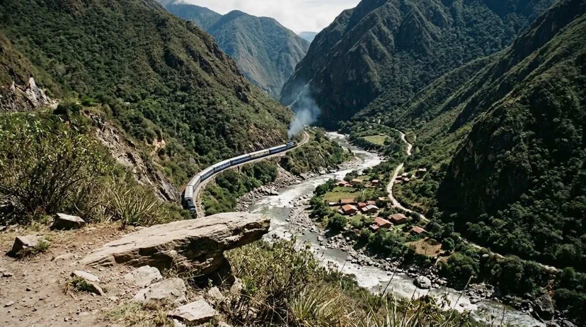 Train curving along the Vilcanota river gorge on the way from Ollantaytambo to Aguas Calientes
