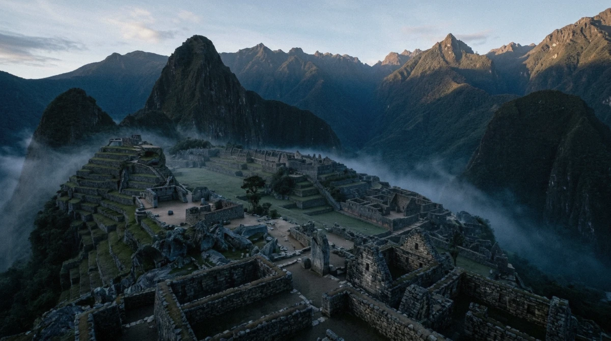 Dawn mist lifting off the terraces of Machu Picchu in cold early light
