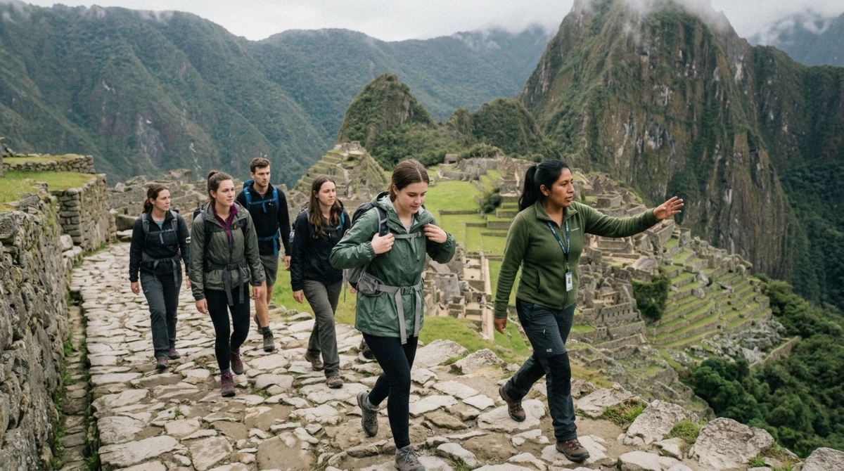 A small group of travellers following a guide along a Machu Picchu terrace path