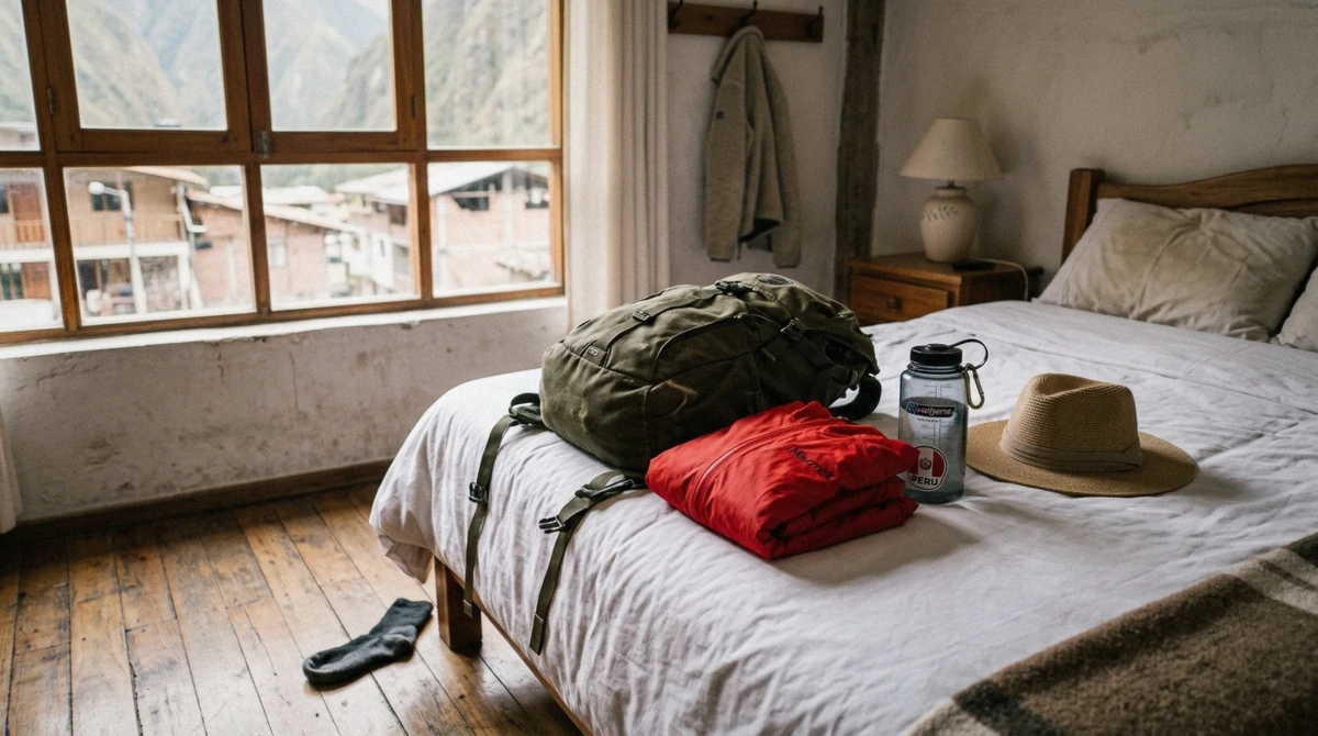 Daypack, rain jacket and water bottle laid out on a hotel bed in Aguas Calientes before a Machu Picchu visit