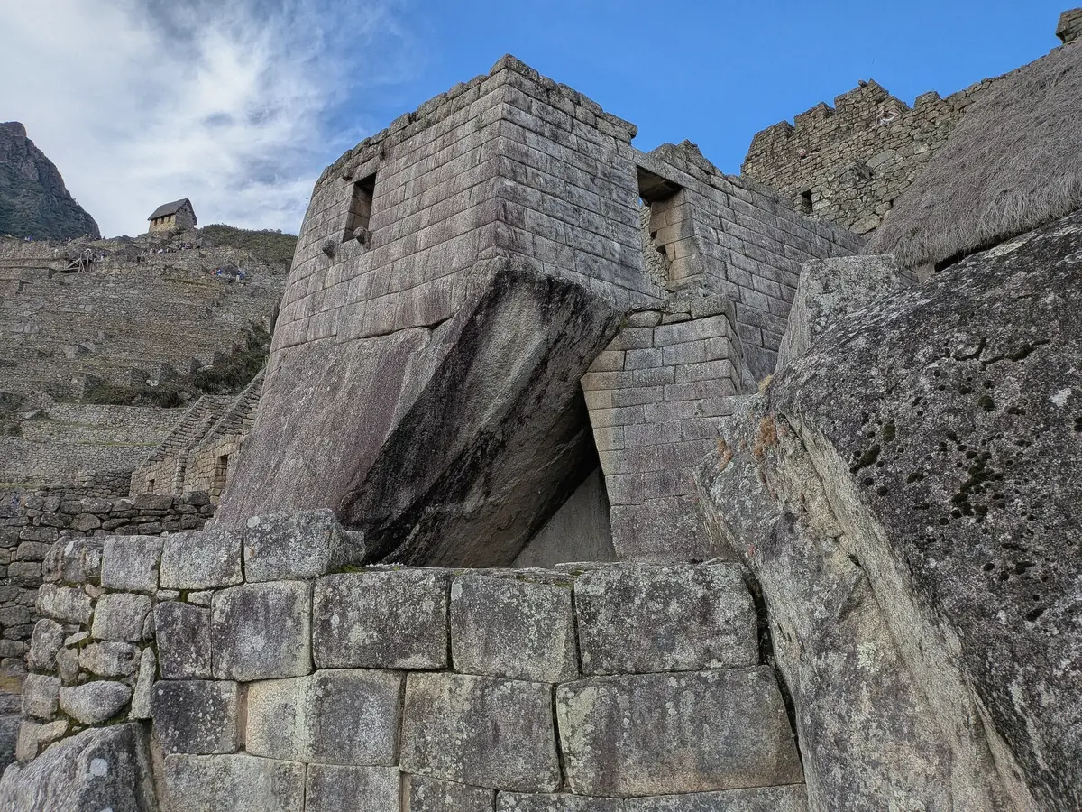 Temple of the Sun at Machu Picchu seen from the circular enclosure above, Peru