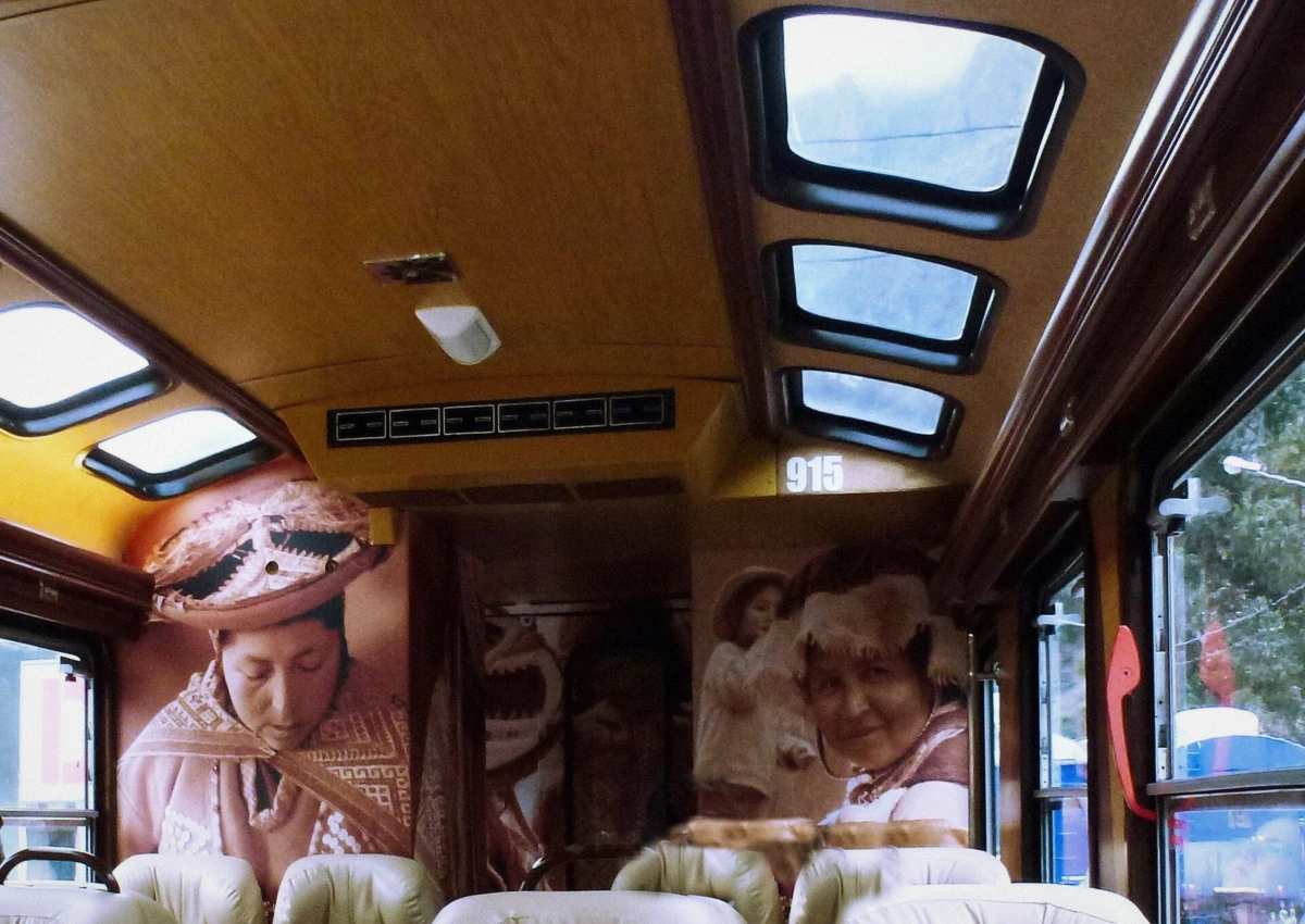 Interior of a train carriage waiting at Ollantaytambo station in the Sacred Valley of Peru