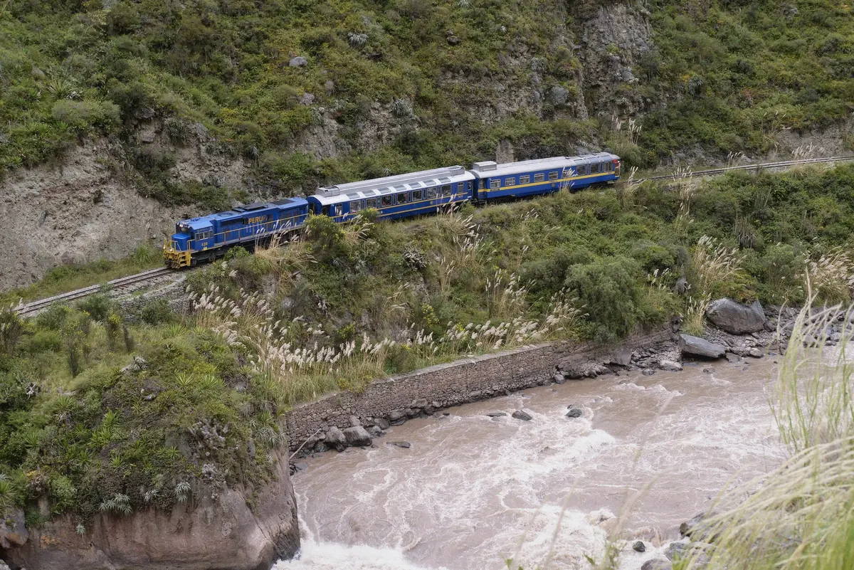 PeruRail train crossing above the Urubamba river on the way to Machu Picchu, Peru