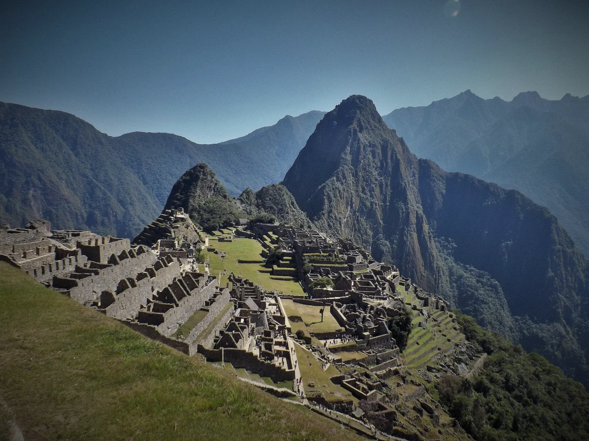 The classic postcard view of Machu Picchu citadel from the terrace viewpoint in Peru