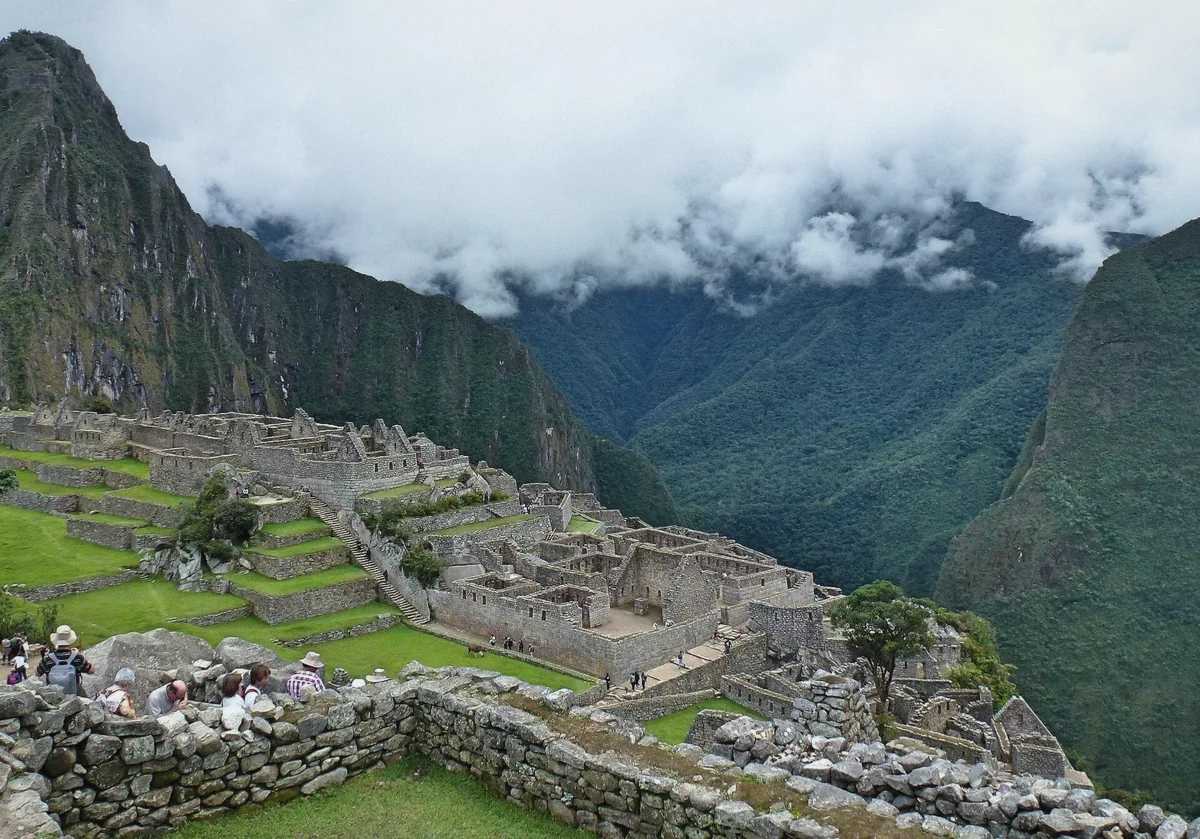 The urban sector of Machu Picchu with stone foundations seen up close, Peru