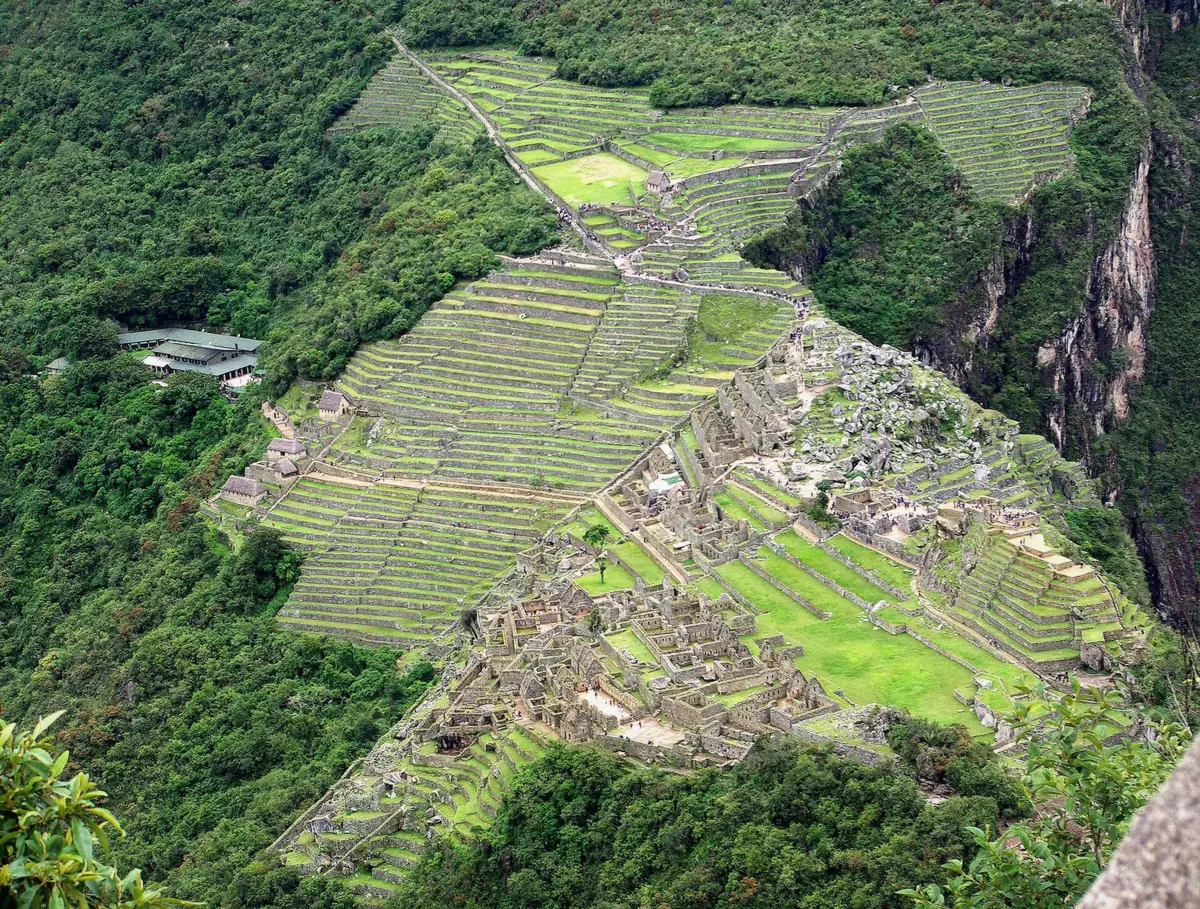 Overview of the Machu Picchu citadel from the upper trail with the whole sanctuary in view, Peru