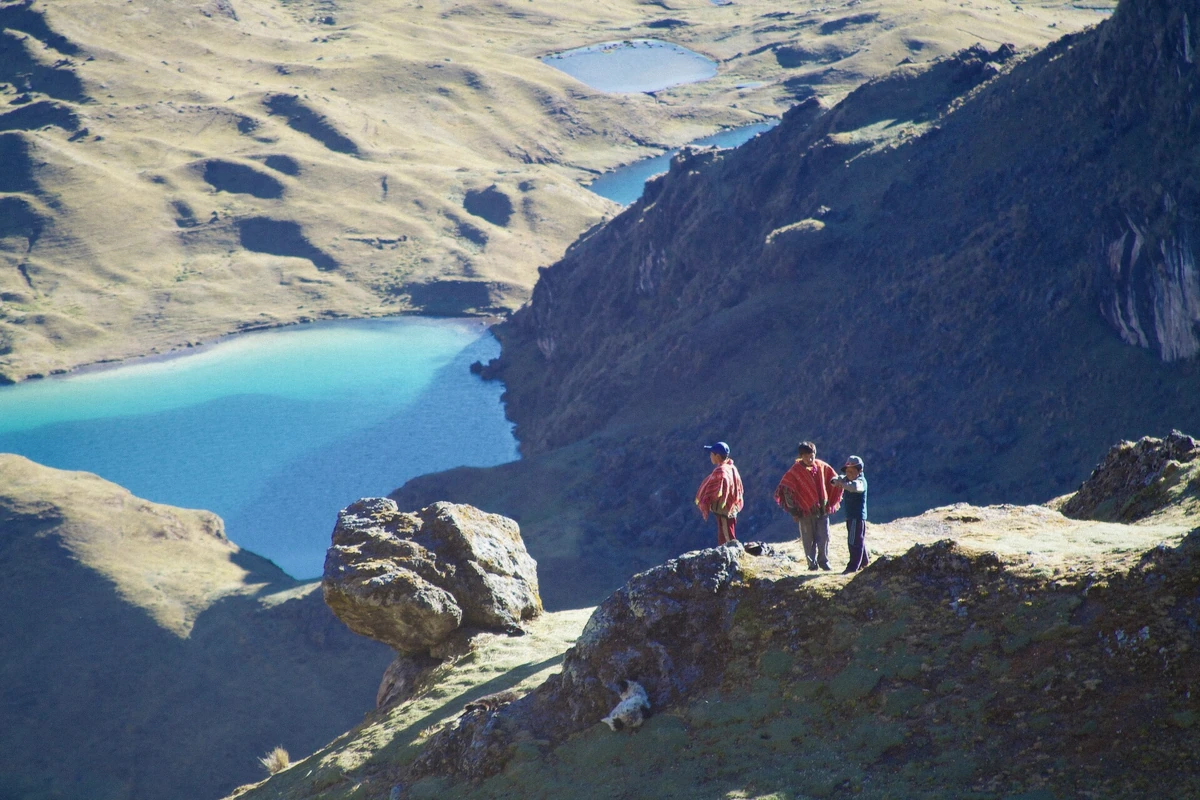 Rural boys watching herds on the Lares trek in the Peruvian Andes in layers and hats