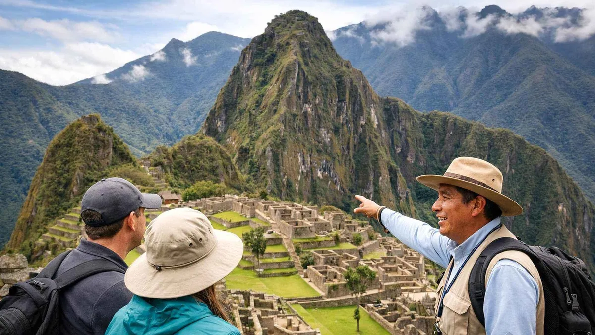 Travellers on Circuit 2 with a private guide overlooking the Machu Picchu citadel in Peru